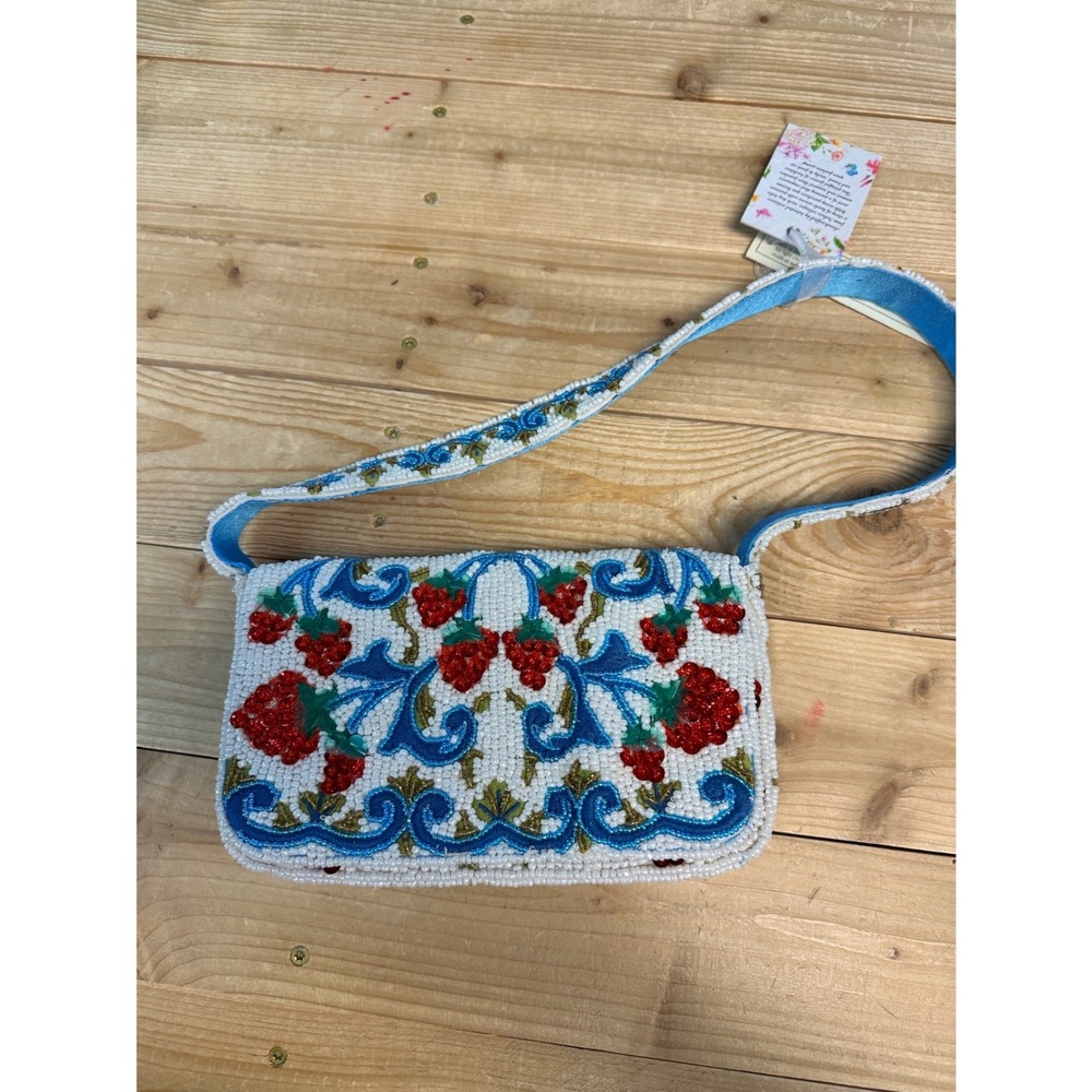 Handcrafted Beaded Strawberry Shoulder Bag White Blue Red Sequin Purse India NWT